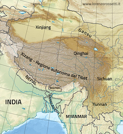 Figura 1:  Carta dell'area etnolinguistica tibetana (o Tibet culturale).